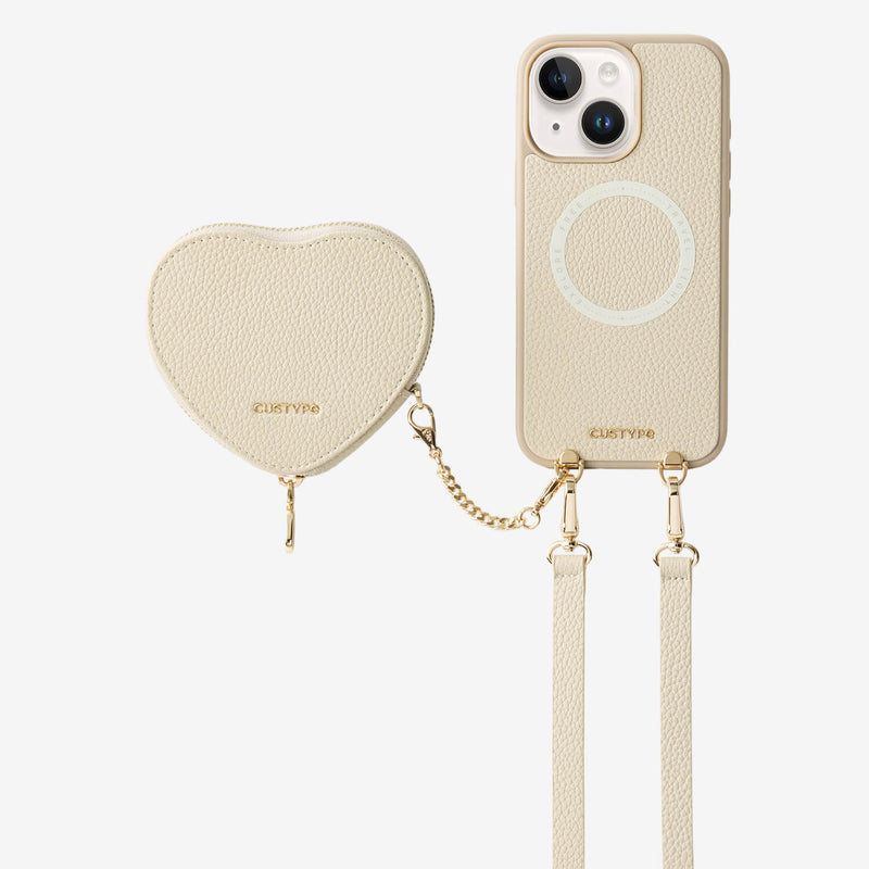 Beige iPhone 15 premium phone case with heart-shaped wallet and crossbody strap for outdoor activities





