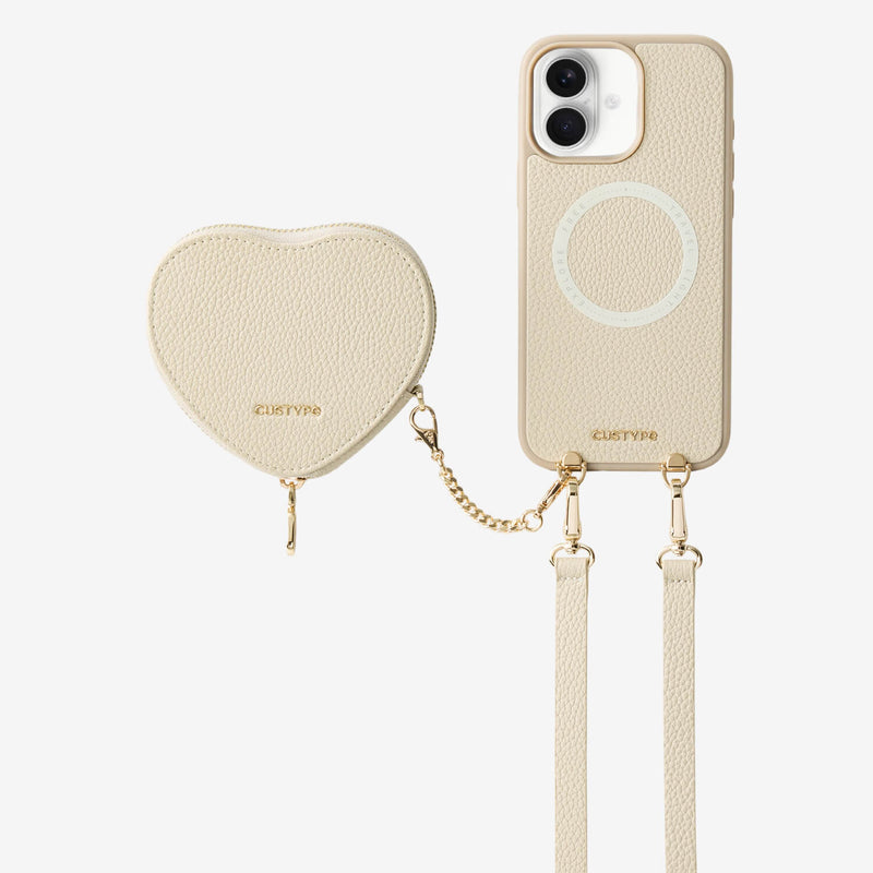 Beige iPhone 18 crossbody phone case heart-shaped pouch for vacation
