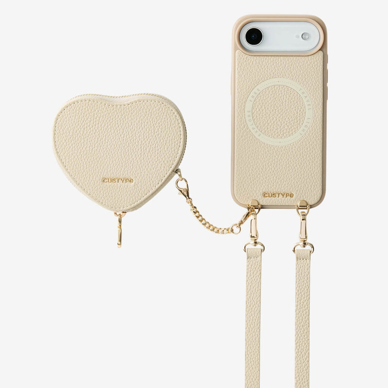 Beige iPhone 17 Air crossbody phone case heart-shaped pouch for everyday use
