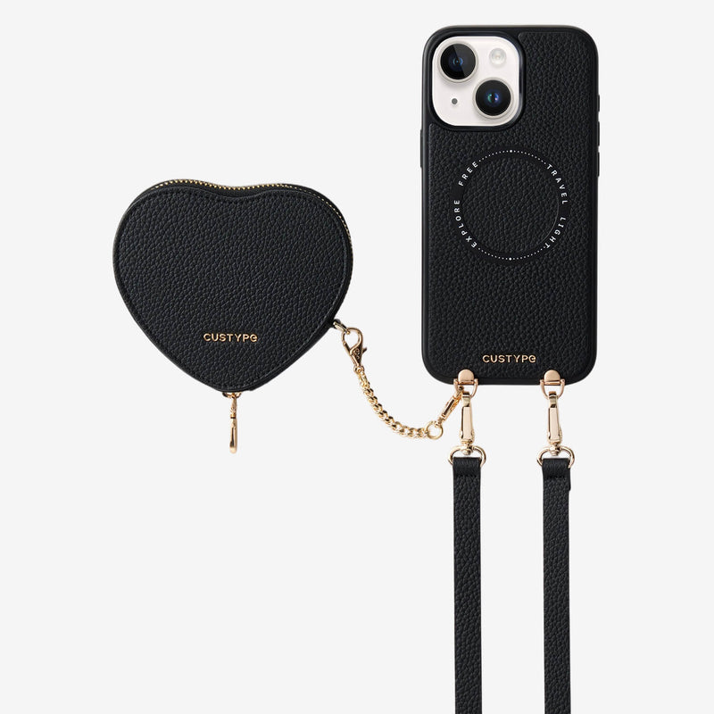 Black  iPhone 15 Heart phone case with megantic pouch with hands-free for commuting
