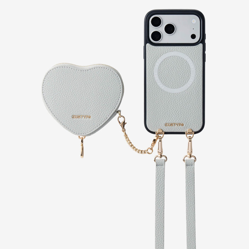 Light gray iPhone 18 Pro Max crossbody iPhone case with Heart wallet for everyday use

