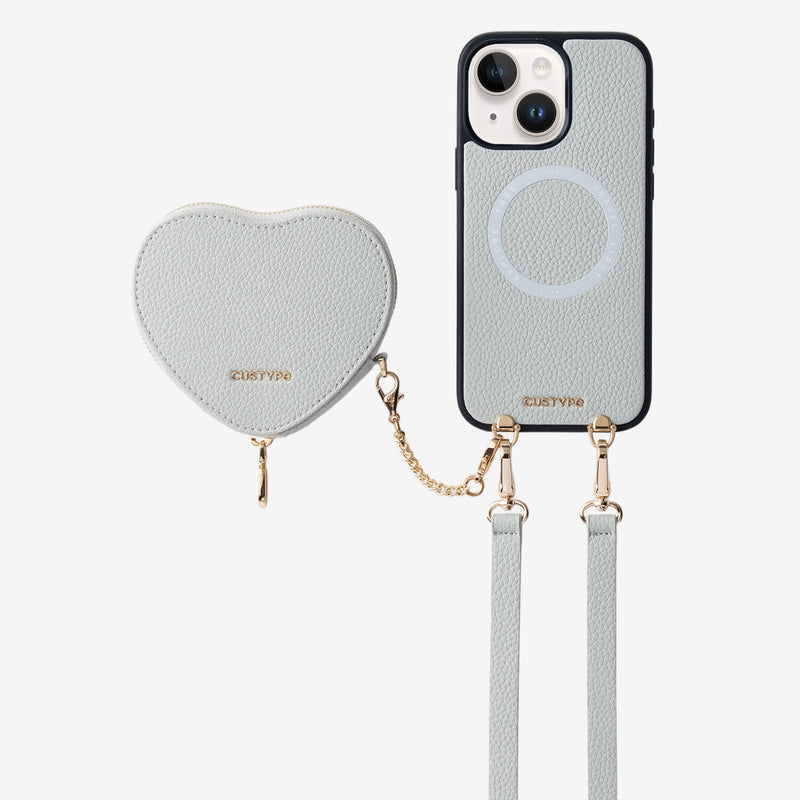 Light gray Aesthetic iPhone 15 crossbody iPhone case with heart-shaped wallet for dog walking




