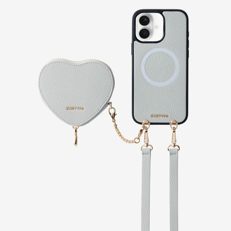 Light gray iPhone 18 crossbody iPhone case with heart-shaped wallet for outdoor activities
