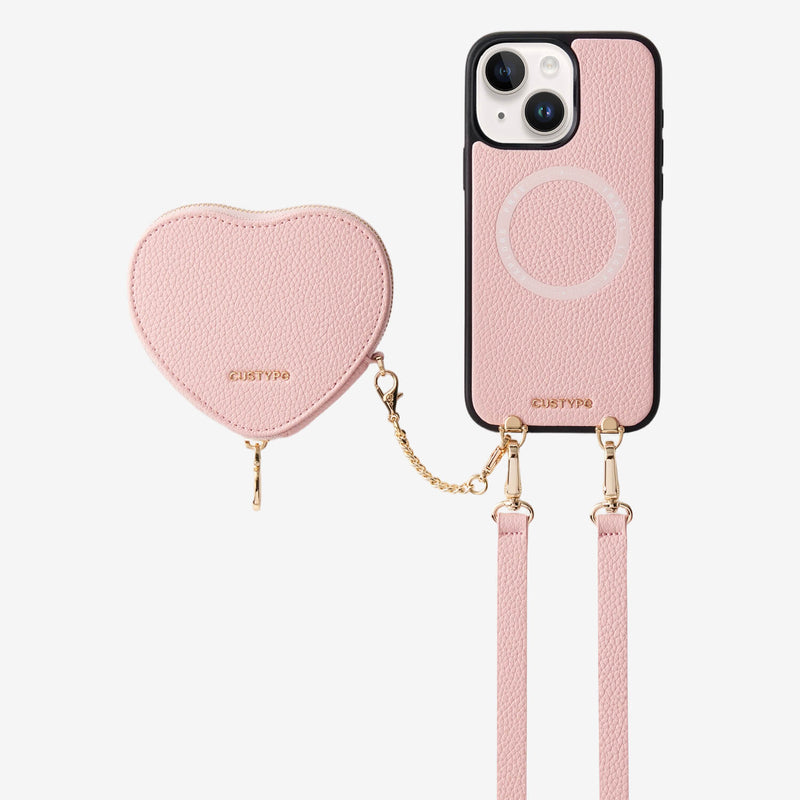 Light pink
iPhone 15
MagSafe-compatible crossbody phone case with heart-shaped wallet
for outdoor activities
