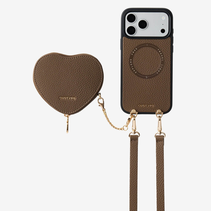 Mocha iPhone 18 crossbody phone case heart-shaped pouch for hands-free

