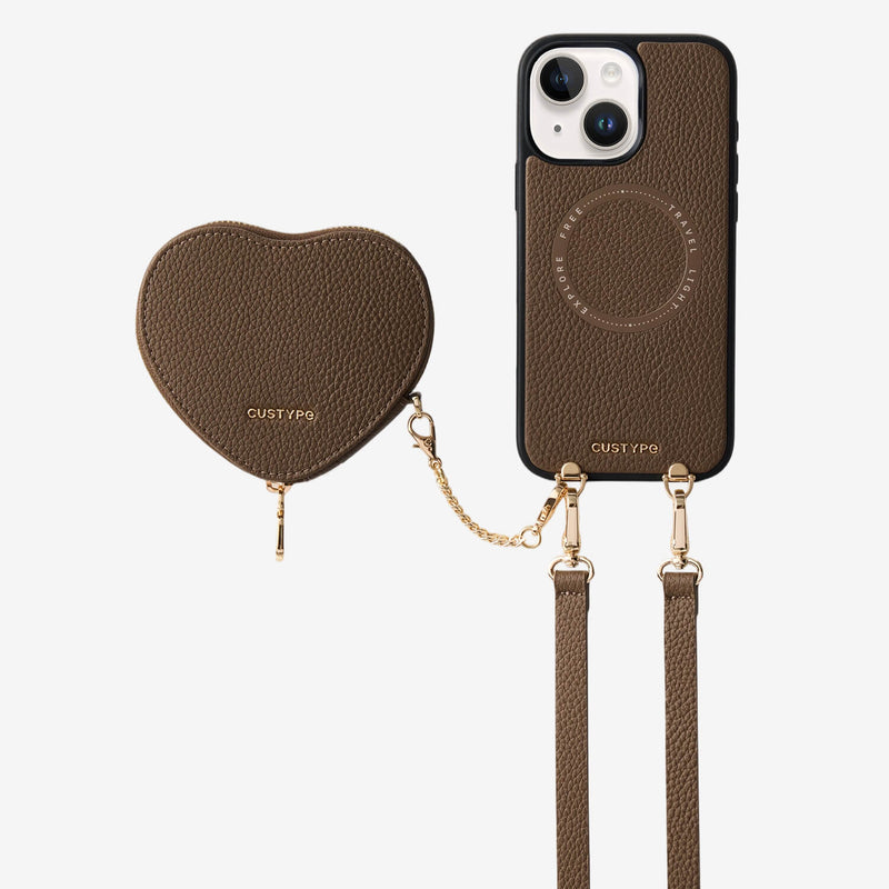 Mocha Heart  Black chic iPhone 15
Detachable crossbody heart phone case with AirPods storage for dog walking
