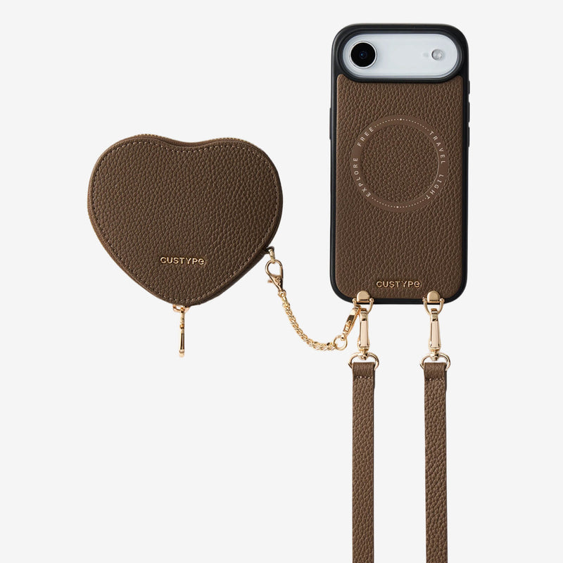 Mocha Heart  Black chic iPhone 17 Air Detachable crossbody heart phone case with AirPods storage for daily carry
