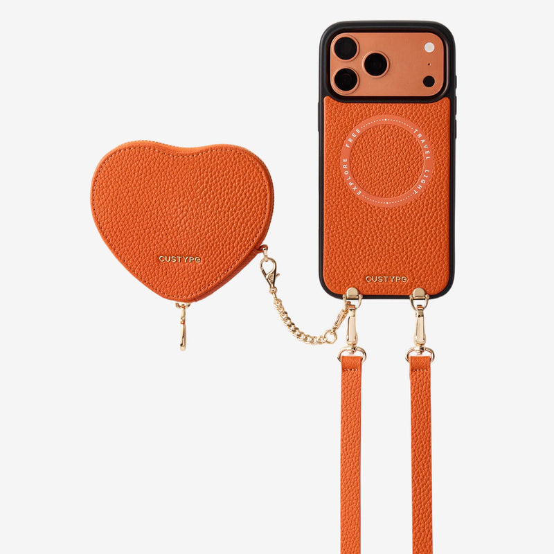 Orange iPhone 18 Pro Max crossbody iPhone case with Heart wallet for dog walking



