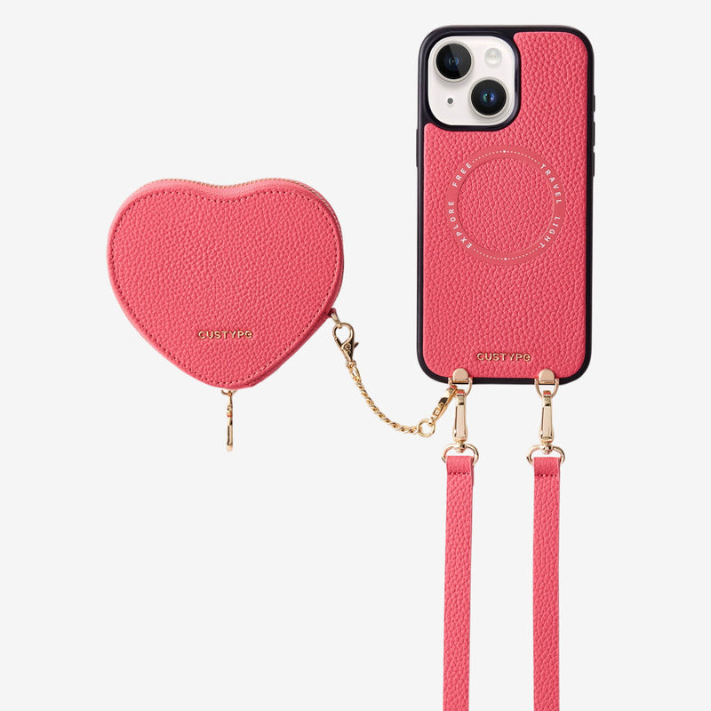 Peach pink
iPhone 15
MagSafe-compatible crossbody phone case with heart-shaped wallet
for outdoor activities

