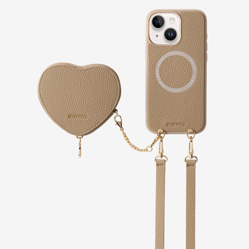 Taupe iPhone 15 crossbody heart-shaped wallet phone case with  for workdays
