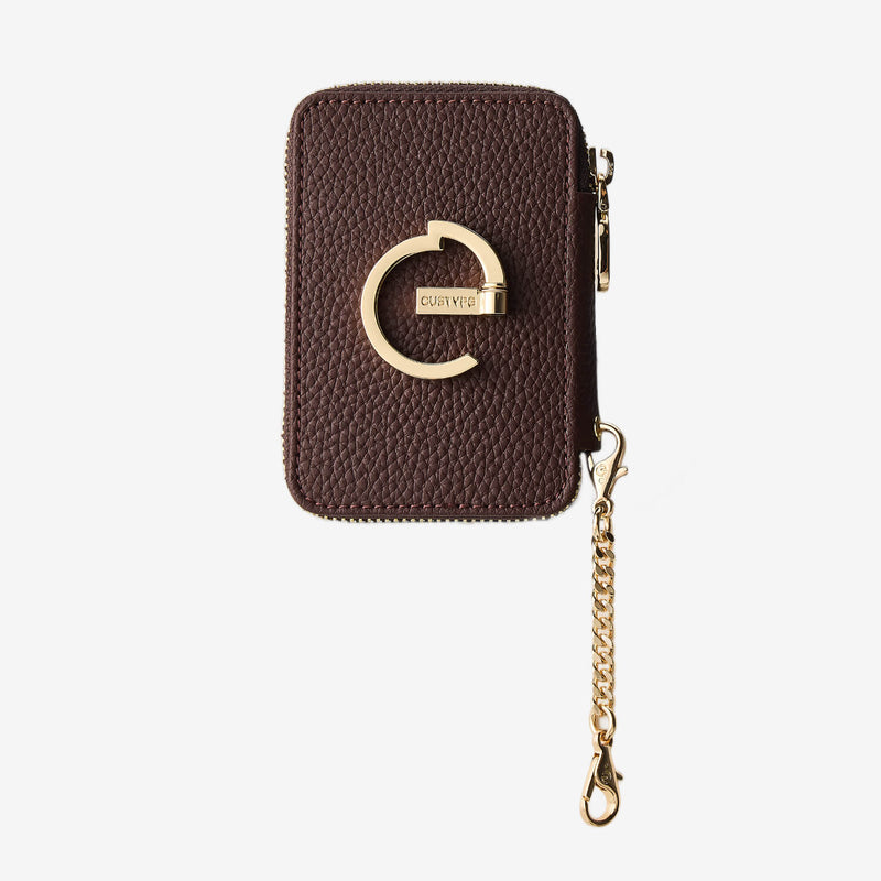 Brown magsafe card holder with gold zipper and chain 