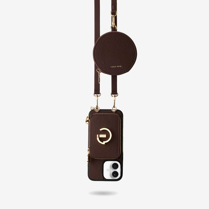 Aesthetic Brown iPhone 17 case with a detachableround pouch and card holder for travel