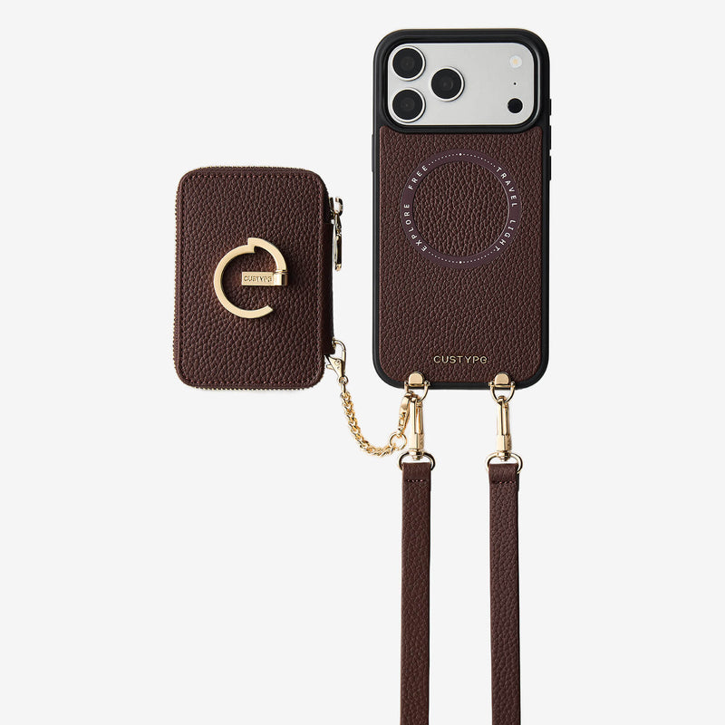 Brown iPhone 17 pro wallet case with detachable strap for outdoor activities