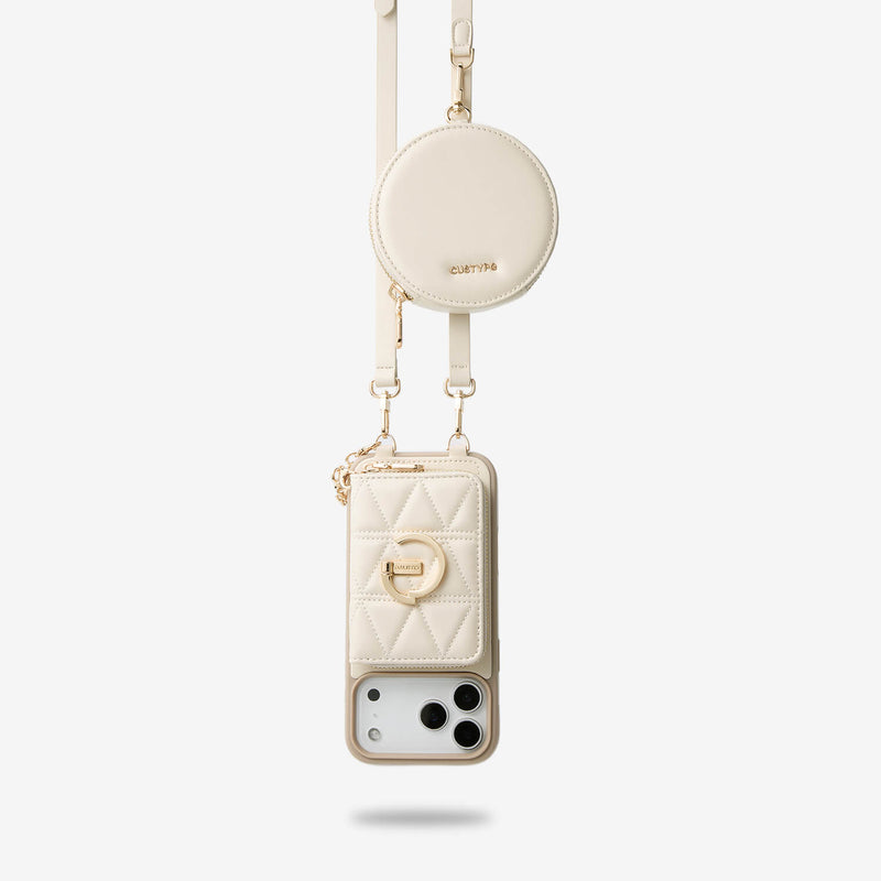 Beige stylish iPhone 18 Pro Max Detachable crossbody wallet phone case with Round pouch for outdoor activities






