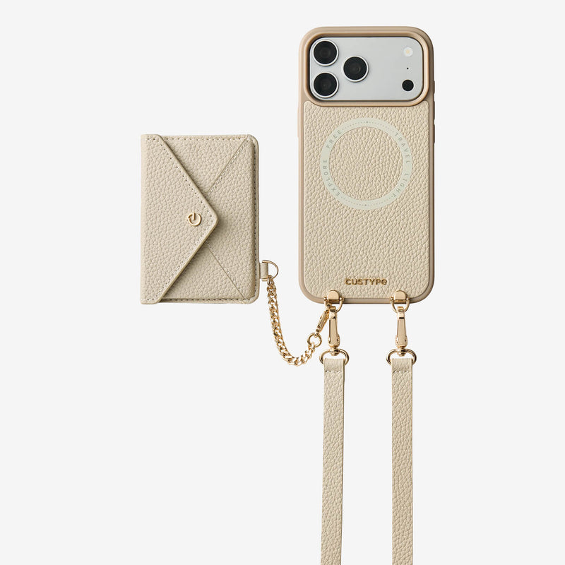 iPhone 18 Pro Max case with beige leather detachable wallet and elegant chain detail for hands-free use
