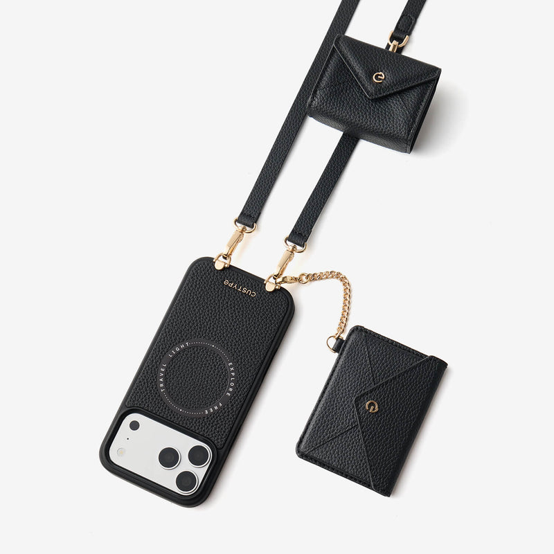 Black iPhone 18 Pro Max case featuring removable envelope wallet and mini storage pouch for daily outings