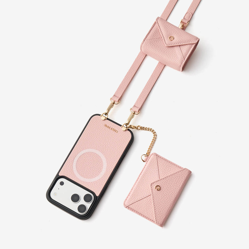 Stylish pink iPhone 18 Pro Max case with envelope wallet, AirPods pouch and crossbody strap for shopping and daily errands