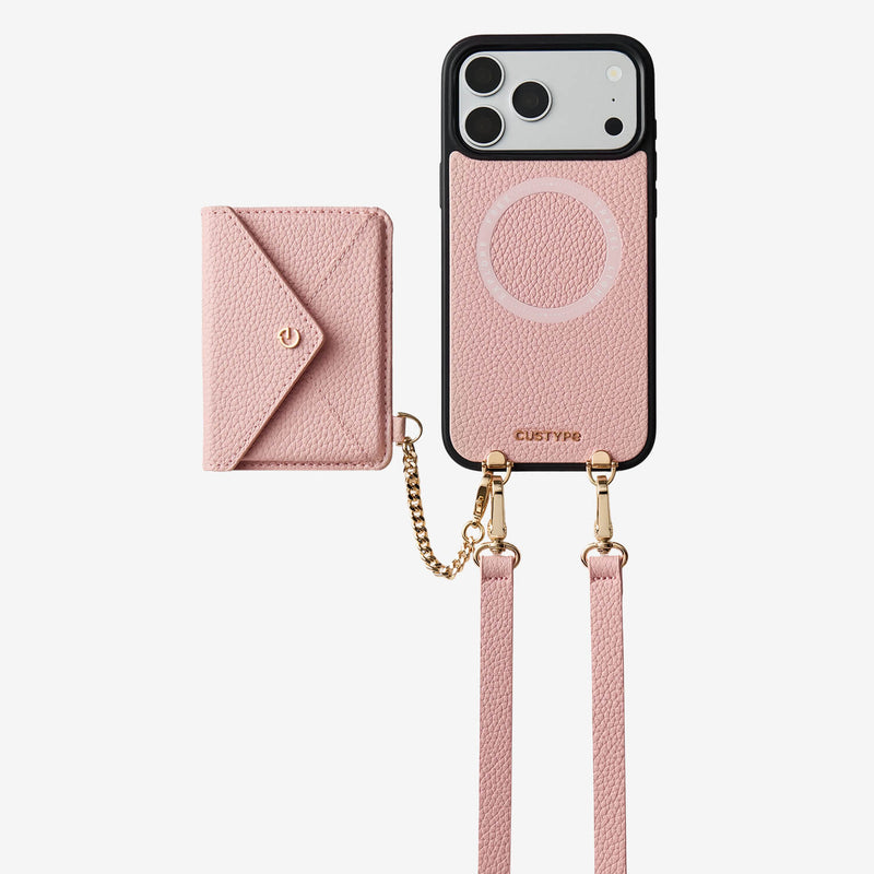 Premium iPhone 18 Pro Max case with envelope wallet design and pink leather finish for travel and commuting