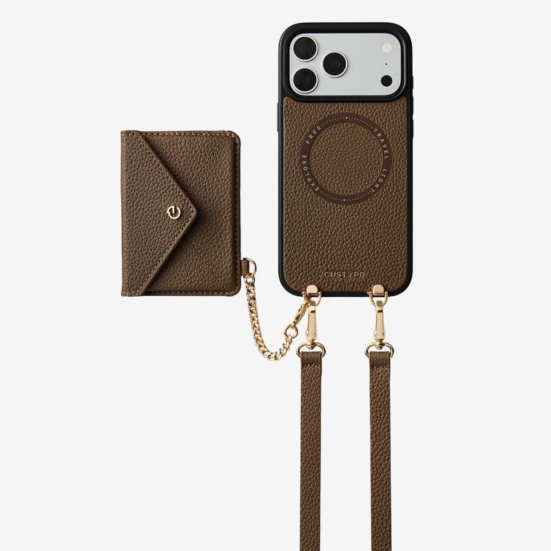 iPhone 17 Pro Max leather wallet case with crossbody strap and envelope-inspired design for vacations and everyday essentials