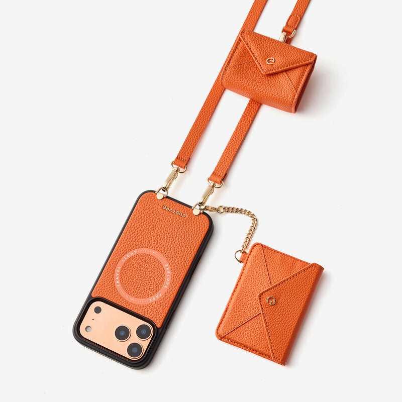 Orange iPhone 18 Pro Max wallet phone case with detachable envelope wallet, mini pouch and crossbody strap for daily outings