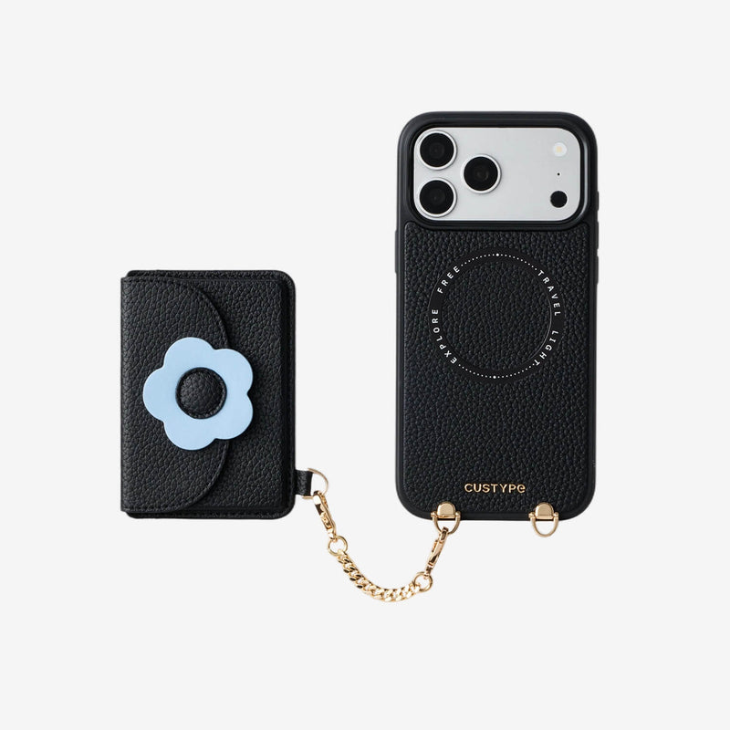 Black iPhone 17 pro max case with floral design and chain, and a matching cardholder