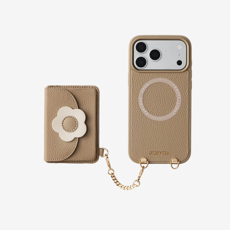 taupe floral phone case with slim wallet design and chain for daily carry