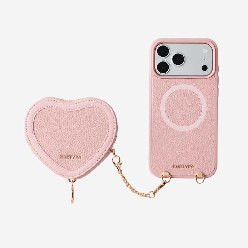 Pink Leather iPhone 17 pro max case with storage heart-shaped pouch for vacation