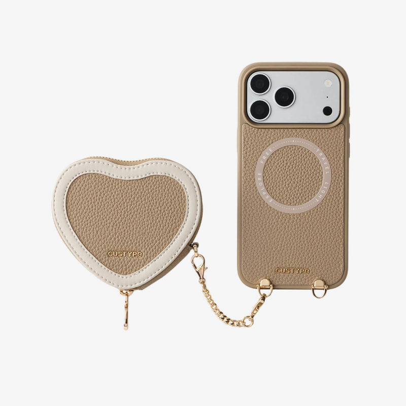 taupe Aesthetic iPhone 17 pro max case with Leather heart-shaped pouch for vacation