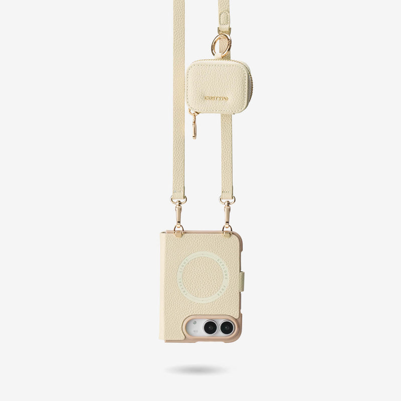 Beige leather iPhone DUO case with detachable shoulder strap and zipper AirPods storage pouch