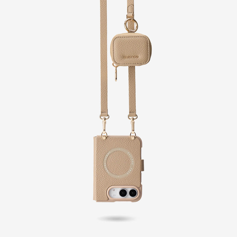 Contemporary taupe iPhone DUO MagSafe case with AirPods pouch and hands-free carrying design