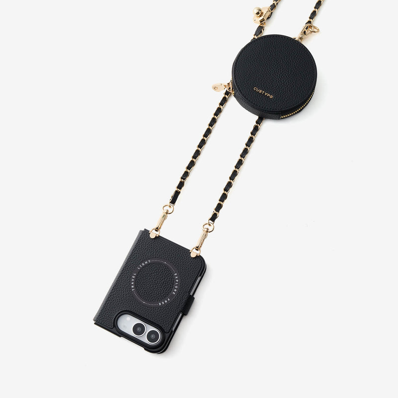 Black iPhone Duo MagSafe case with detachable crossbody chain and round leather pouch for stylish everyday carry
