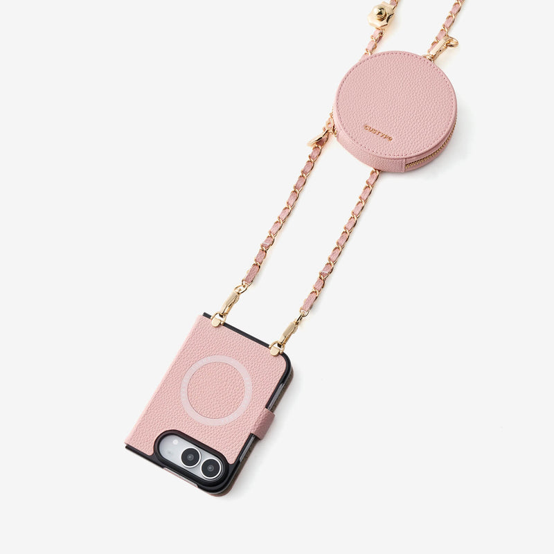 Pink MagSafe-compatible iPhone Duo case featuring a detachable shoulder chain and round zipper pouch