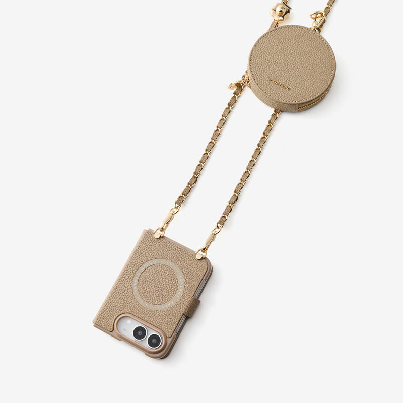 Taupe leather iPhone Duo case featuring a detachable circle pouch and stylish shoulder chain for daily use