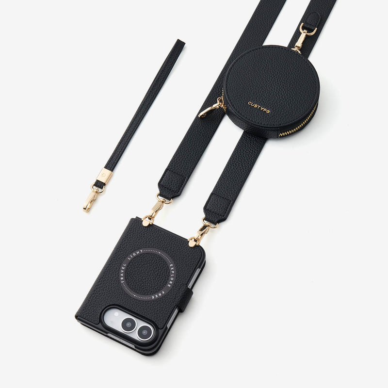 Black iPhone Ultra with round pouch and lanyard strap for vacation