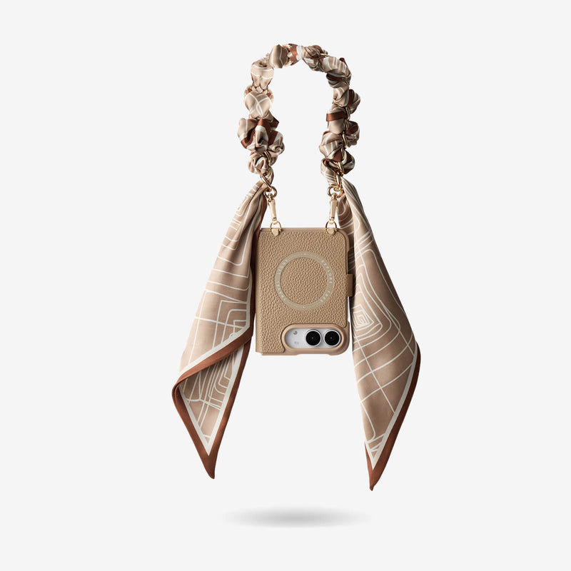 Taupe iPhone DUO crossbody case with detachable scarf strap for shopping, travel and everyday activities