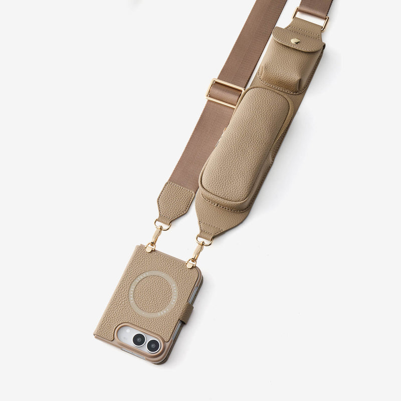 Taupe iPhone Duo case with detachable crossbody strap offering hands-free carrying and extra accessories storage