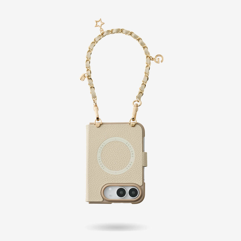 Beige iPhone Duo case with wristlet strap designed for comfortable daily phone carrying