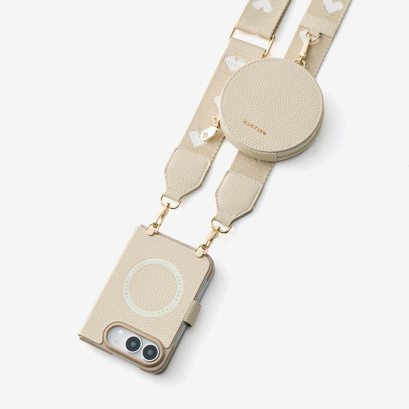 Beige leather iPhone DUO case with detachable accessories for everyday lifestyle use