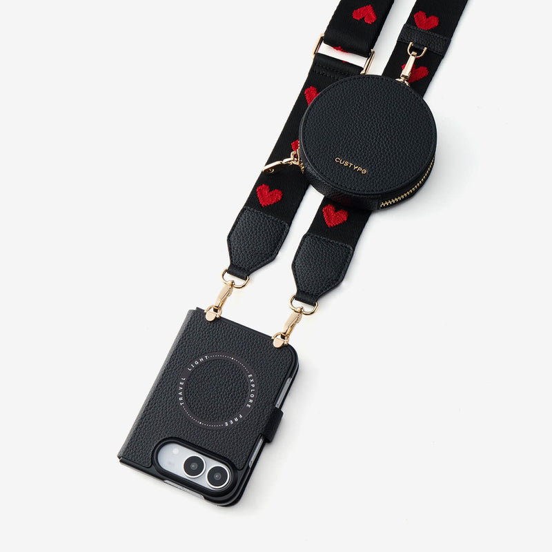 iPhone DUO crossbody case with heart embroidered strap and round pouch for everyday lifestyle