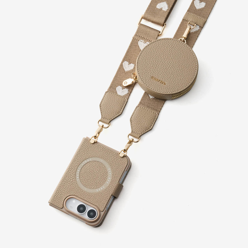 Taupe iPhone DUO crossbody case with decorative strap and round pouch for commuting and travel