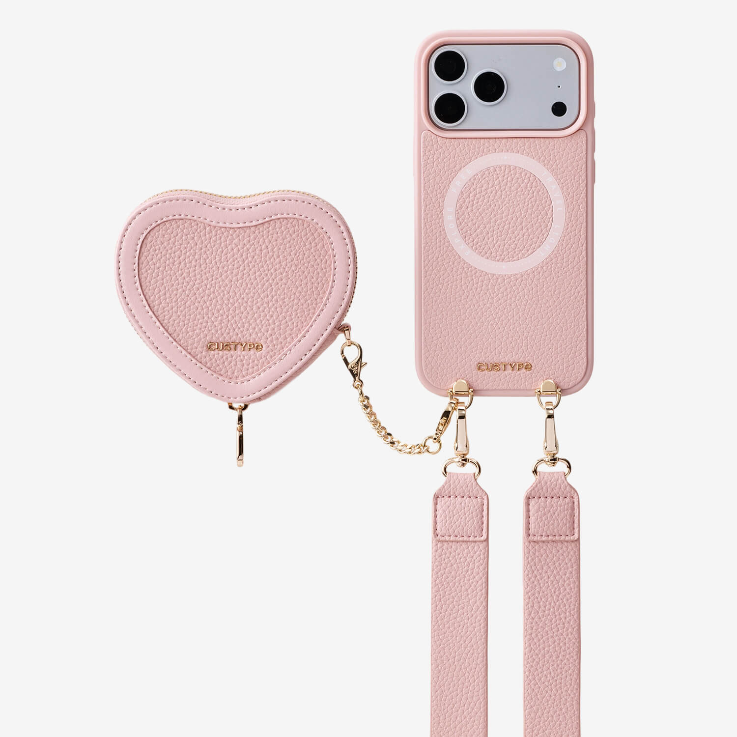 マグネット式ハートポーチ付きレザーiPhoneショルダーケース｜調節可能