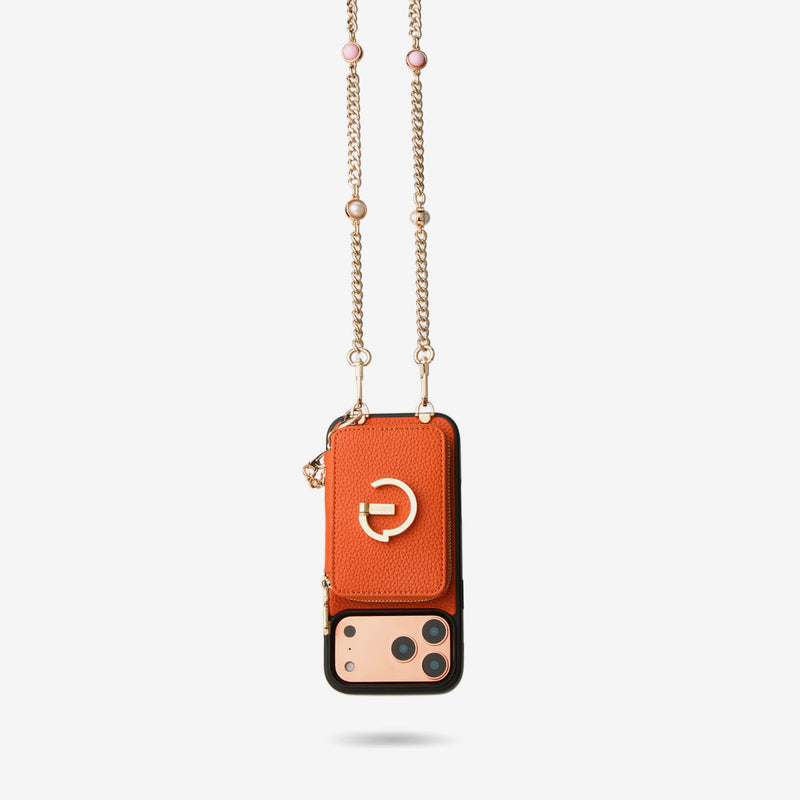 Orange iPhone 18 Pro Max crossbody chain with magsafe  wallet phone case for travel




