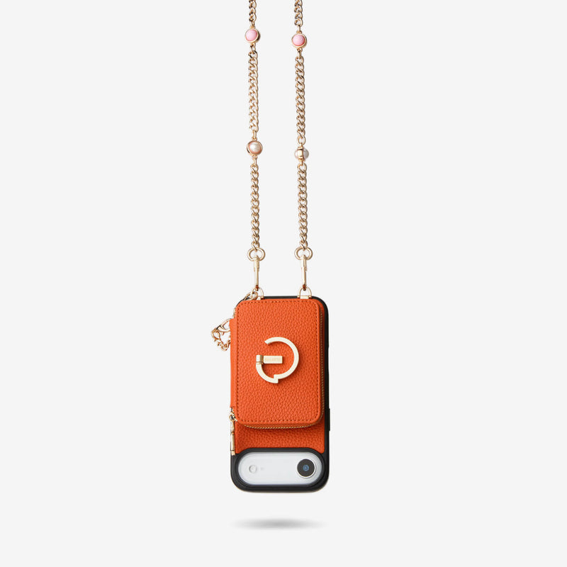 Orange iPhone 17 Air crossbody chain with magsafe  wallet phone case for outdoor activities
