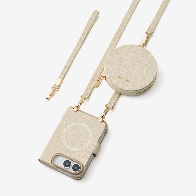 Luxury beige leather crossbody iPhone 18 Duo case set with a round coin pouch and wrist strap, featuring gold-tone hardware