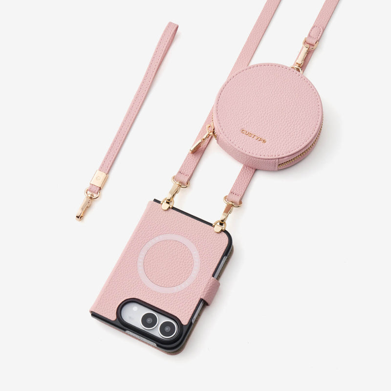 Aesthetic pink leather crossbody iPhone 18 Duo set featuring a MagSafe ring, a round coin pouch, and a matching adjustable shoulder strap, all with gold-tone hardware
