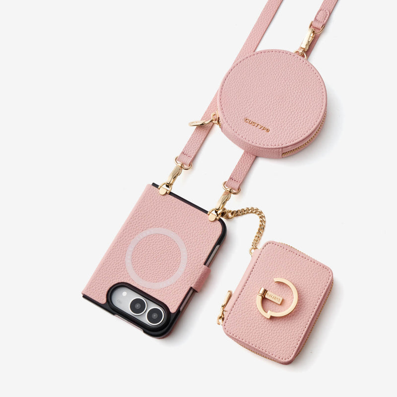 iPhone DUO crossbody case with round pouch, wallet pouch and shoulder strap with elegant light pink  for work and lifestyle use