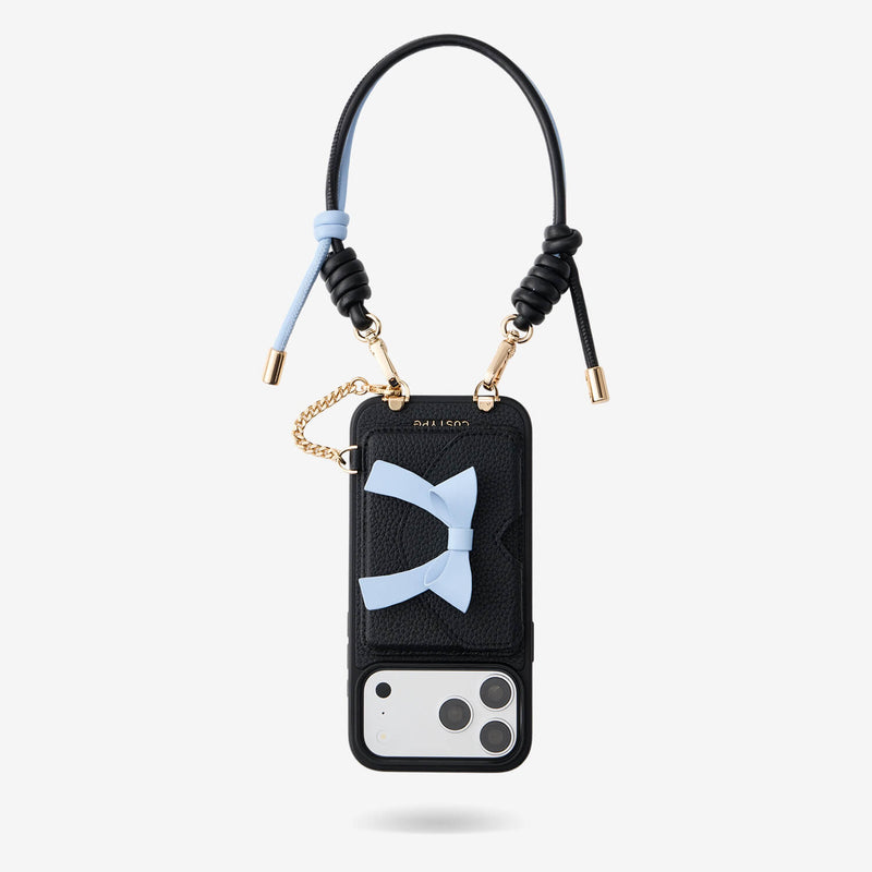 Black leather iPhone 18 Pro Max MagSafe wallet case designed for shopping, travel and daily carry with detachable bow wallet and wrist strap