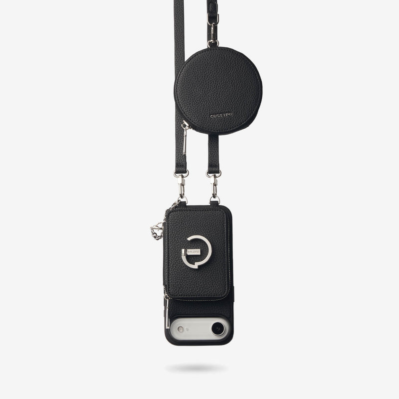 Silver Edge Kit- Versatile Magnetic E-stand Card Holder Case for iPhone with Round Pouch & Shoulder Strap-Mobile Phone Cases-DETACHABLE WALLET & ROUND POUCH