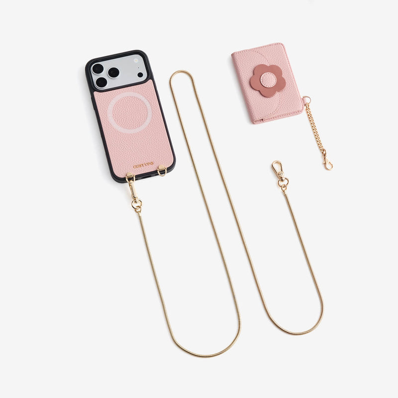 Premium light pink iPhone 18 pro leather phone case with card holder and chain for commuting