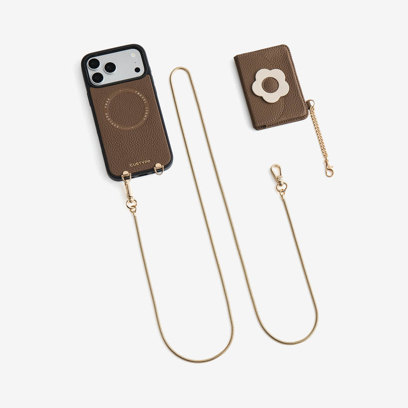Mocha iPhone 18 pro max magnetic phone case with magnetic wallet and metal chain for travel
